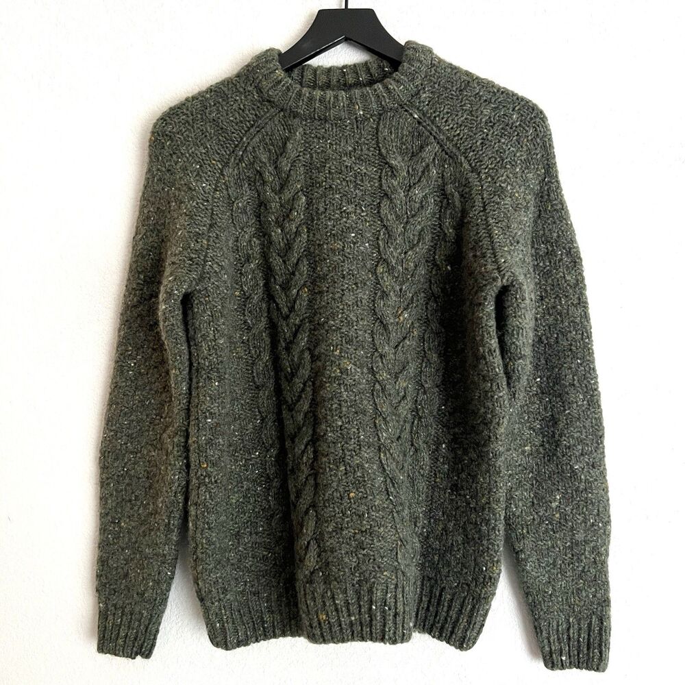 Finisterre Westray Crew Wool Cable Knit Sweater Size Small Green